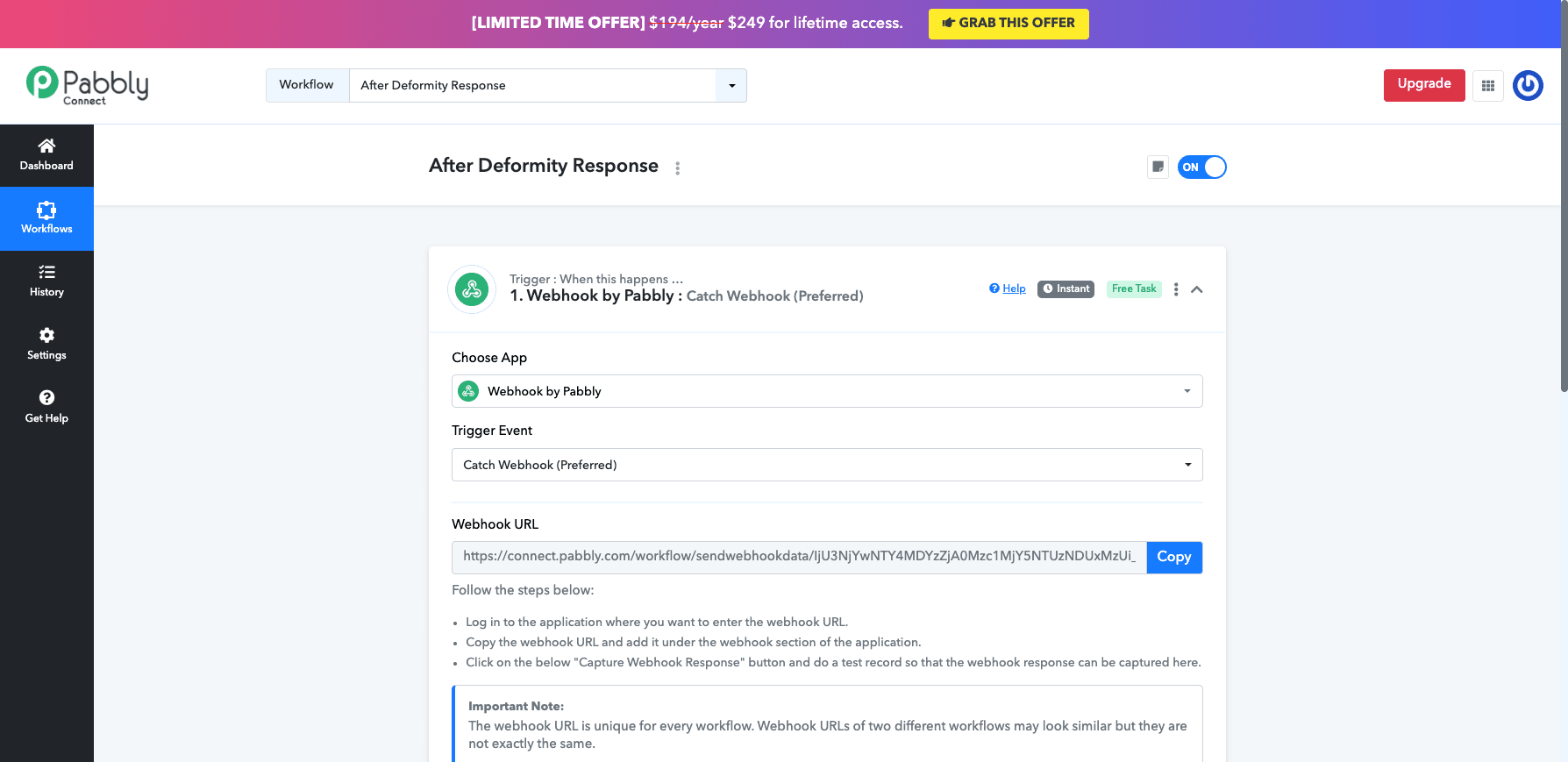 Copy Pabbly webhook URL