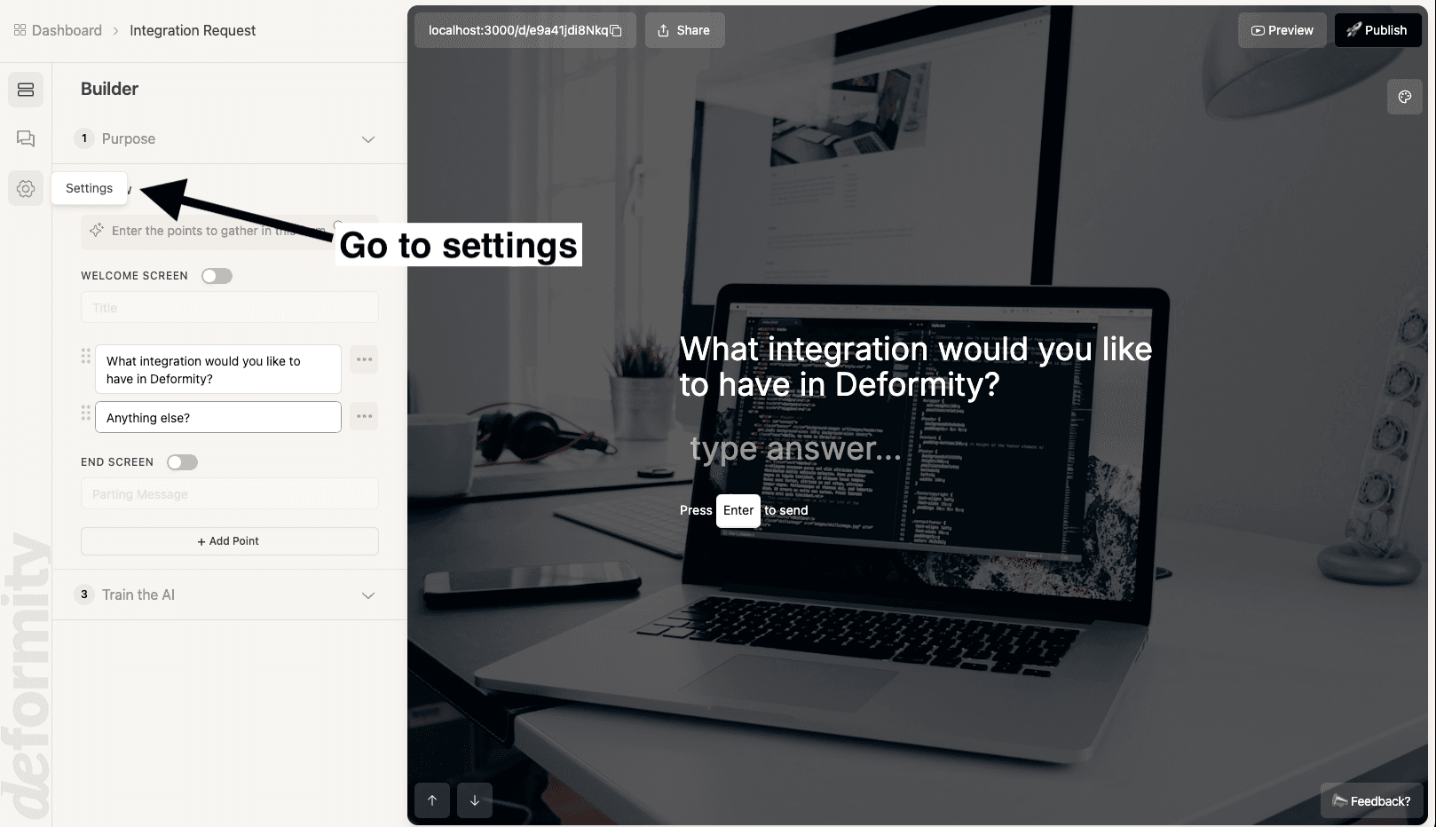 Step 3b: Go to the Settings page within the individual deformity