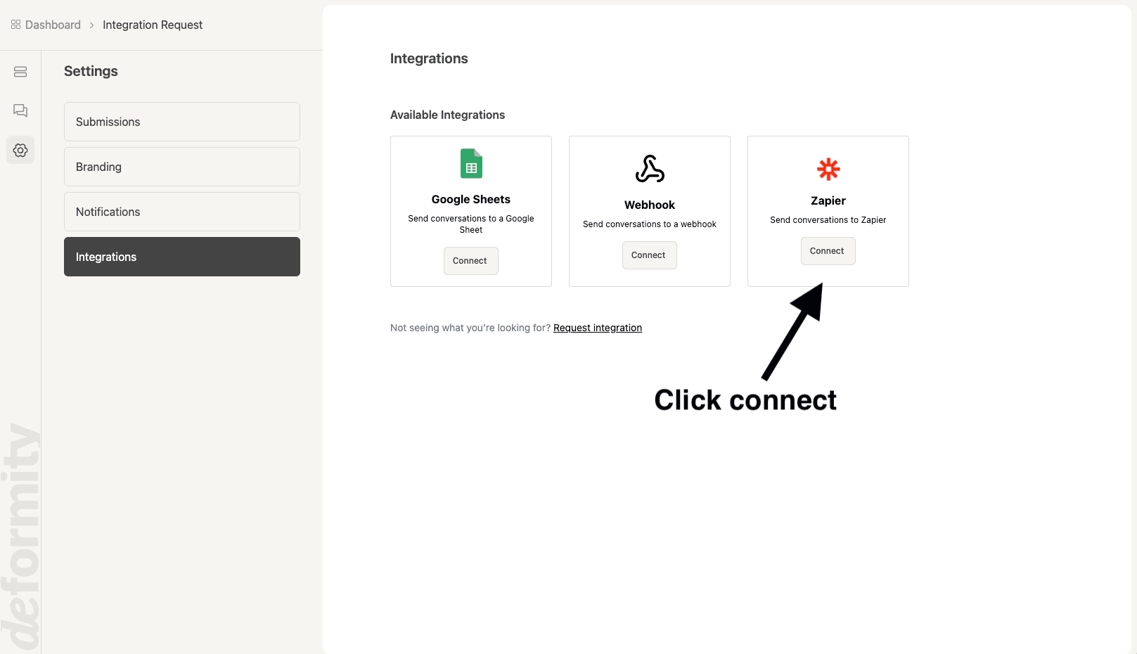 Step 3c: Navigate to the Integrations section within Settings and click "Connect"