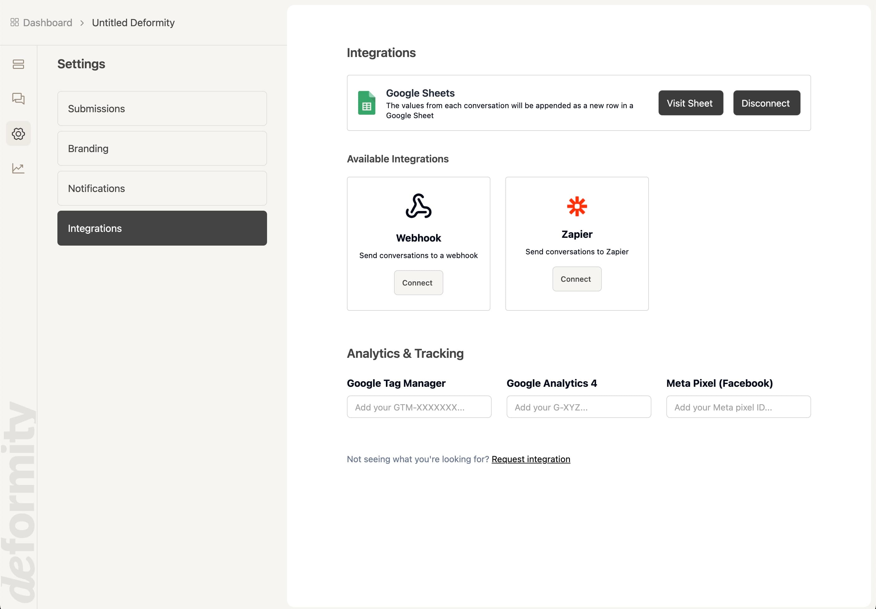 Dashboard after Google Sheets is set up with Deformity