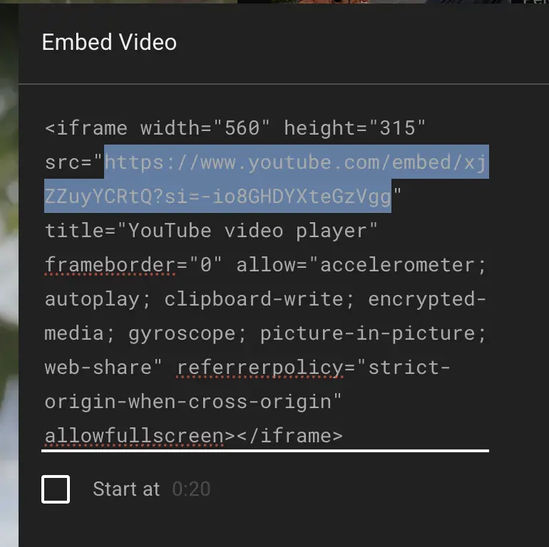Copy the src URL from YouTube embed code