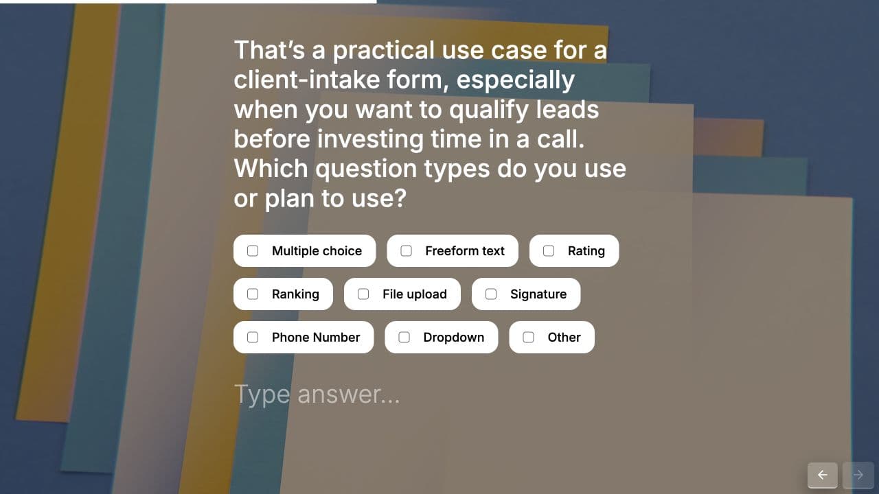 Deformity’s public AI demo acknowledges a client-intake use case before asking which question types the respondent plans to use.