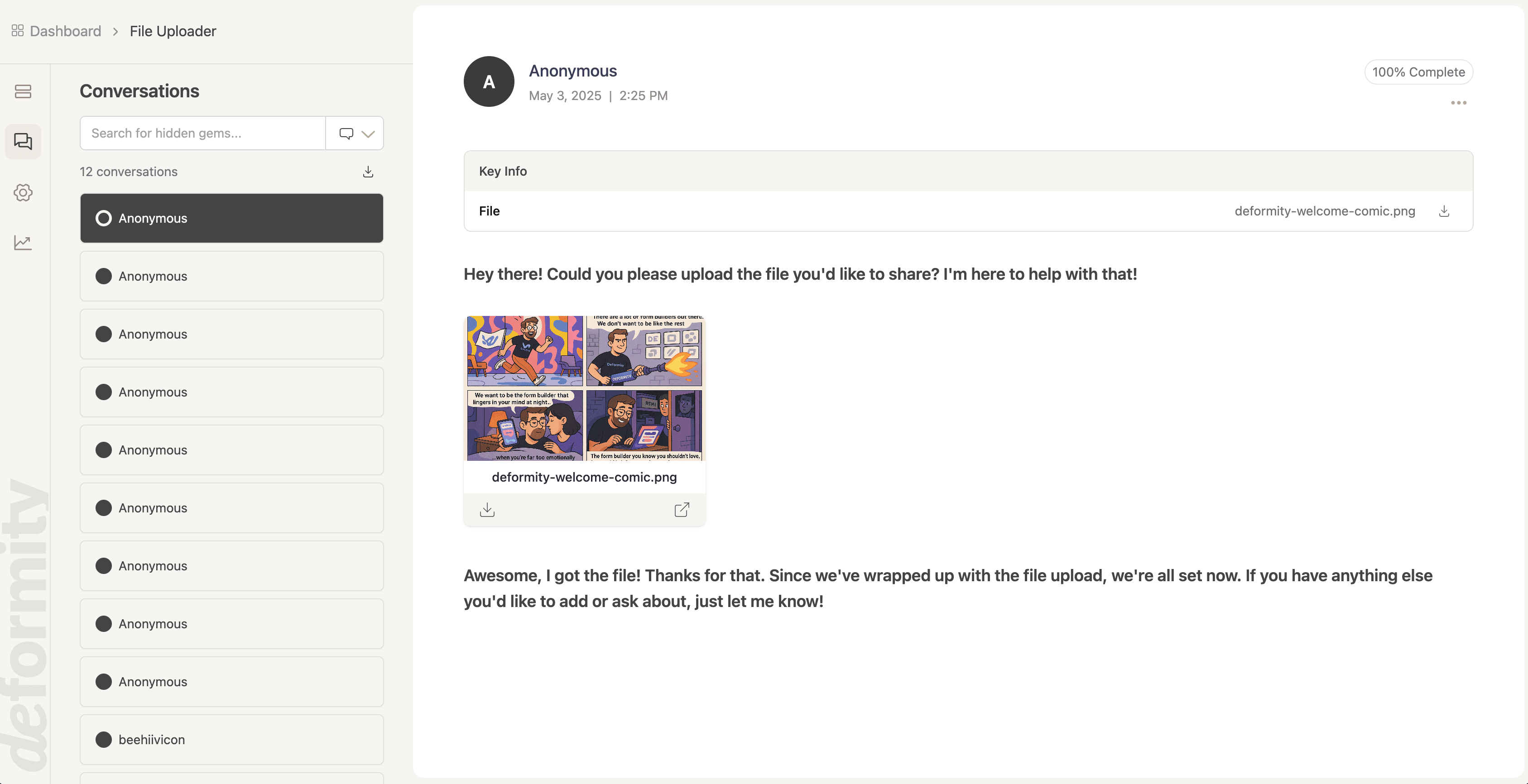 File uploads within Conversations tab