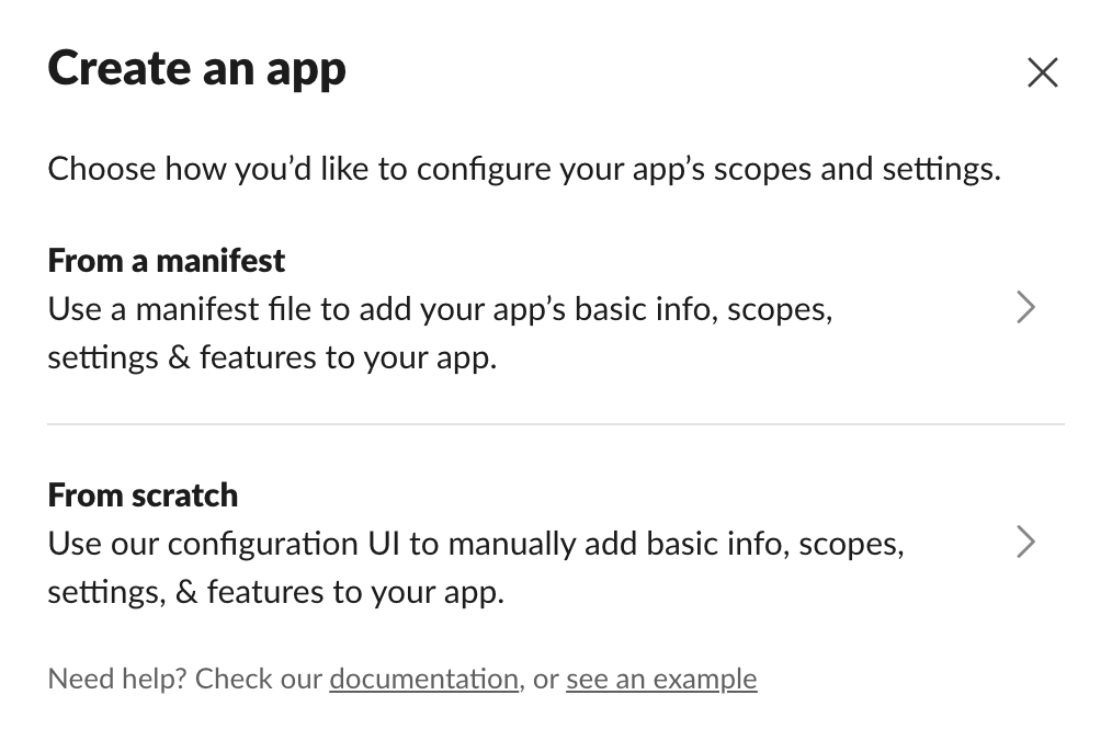 Choose to create your Slack app from scratch