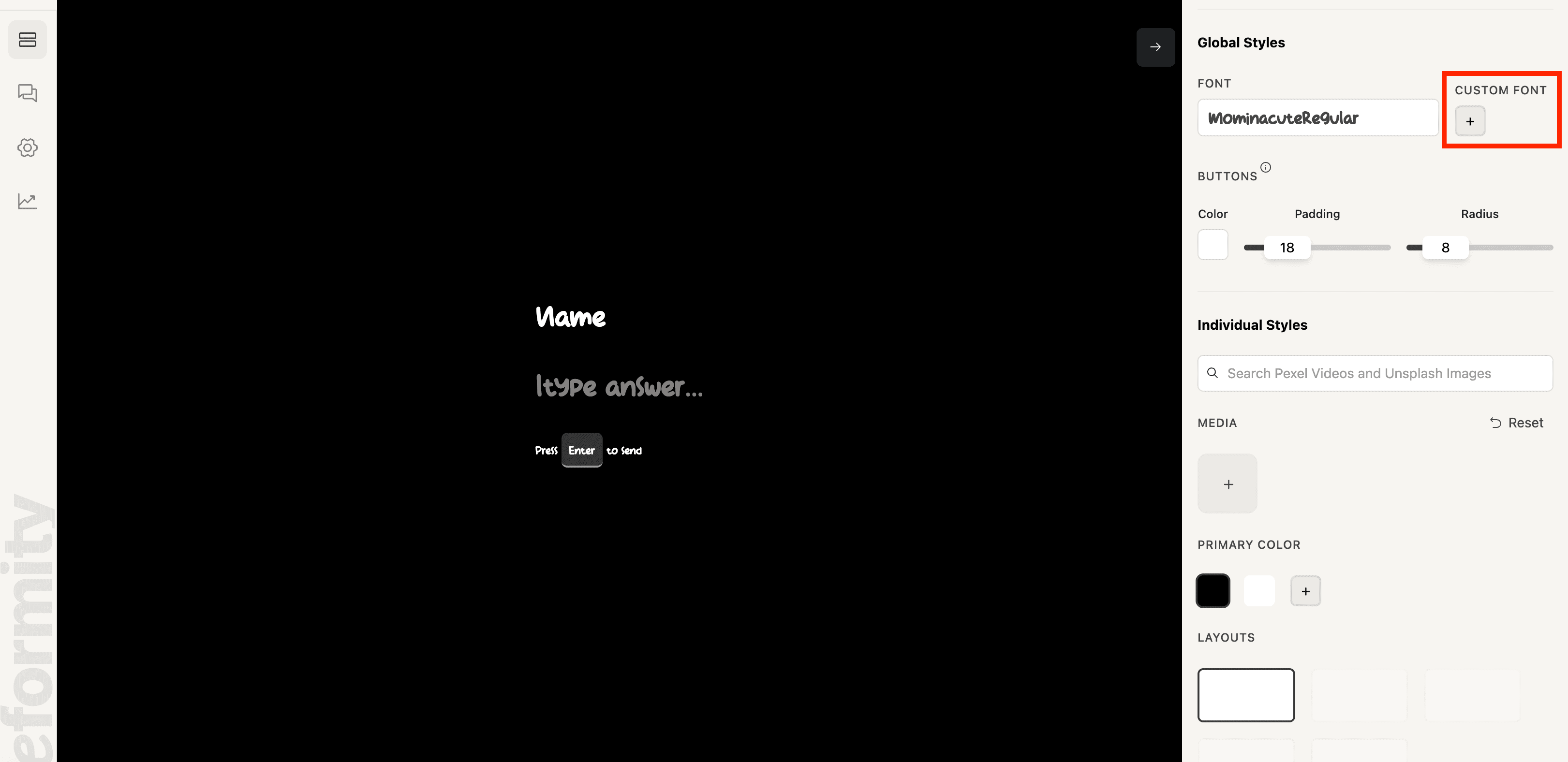 Deformity form > Design tab > Upload font