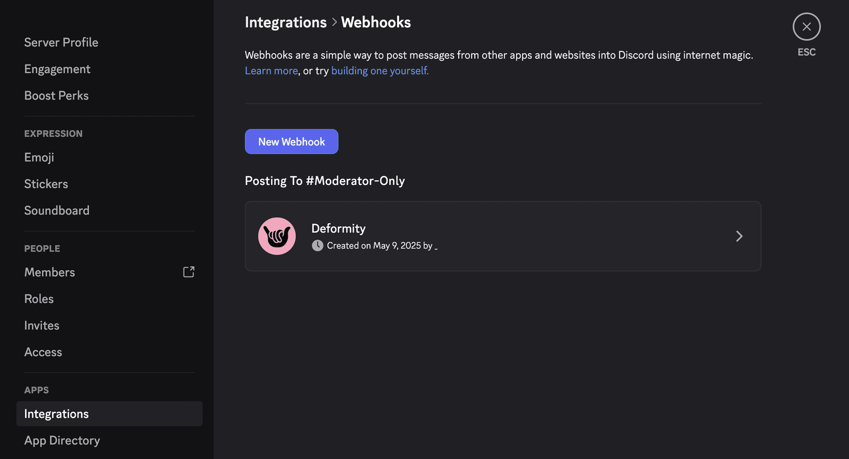 The Discord settings interface for adding webhooks