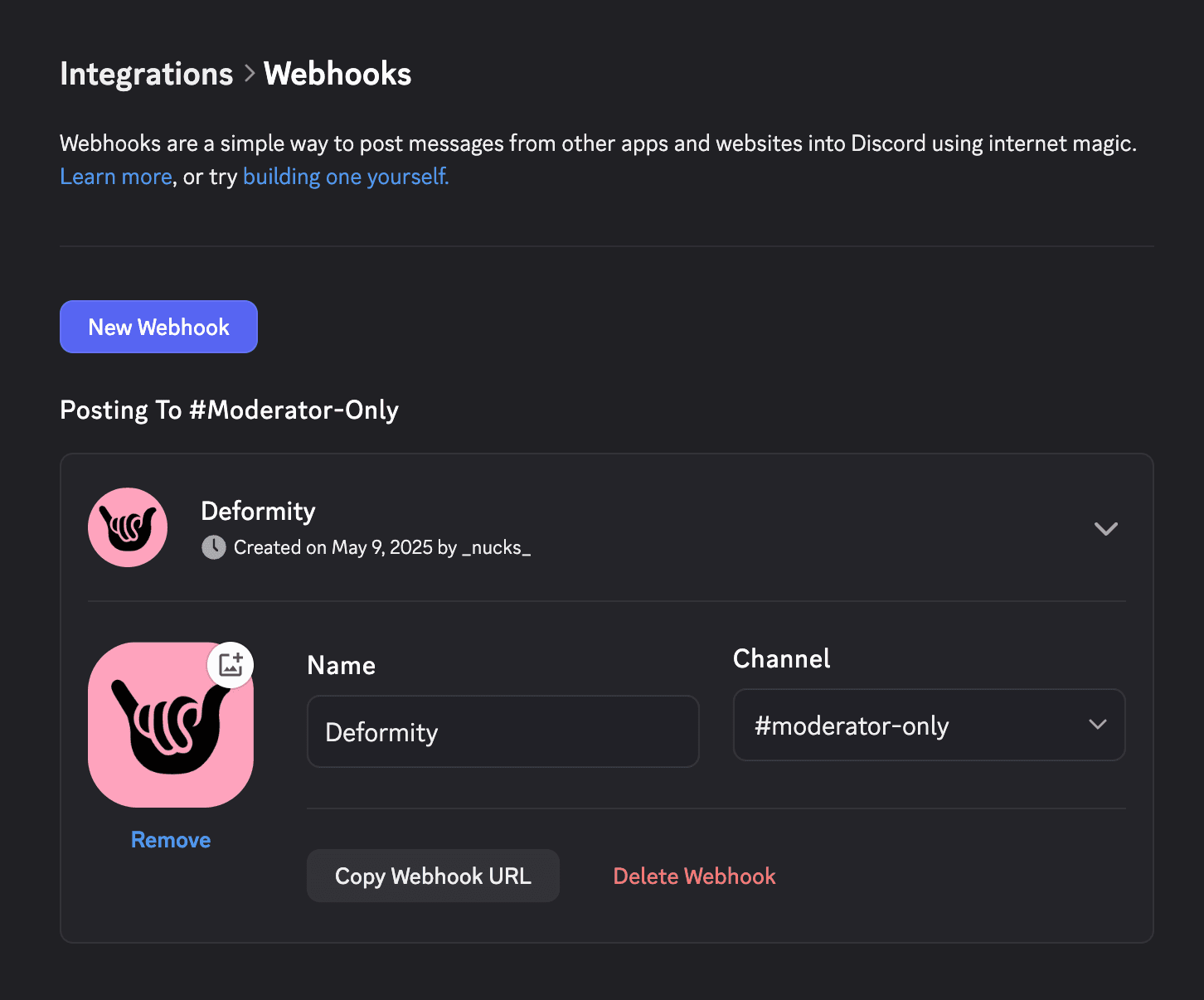 The Discord settings interface where you can click Copy Webhook URL