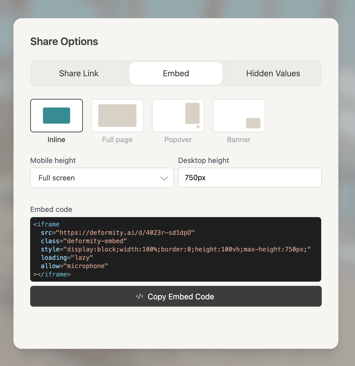 Embed options