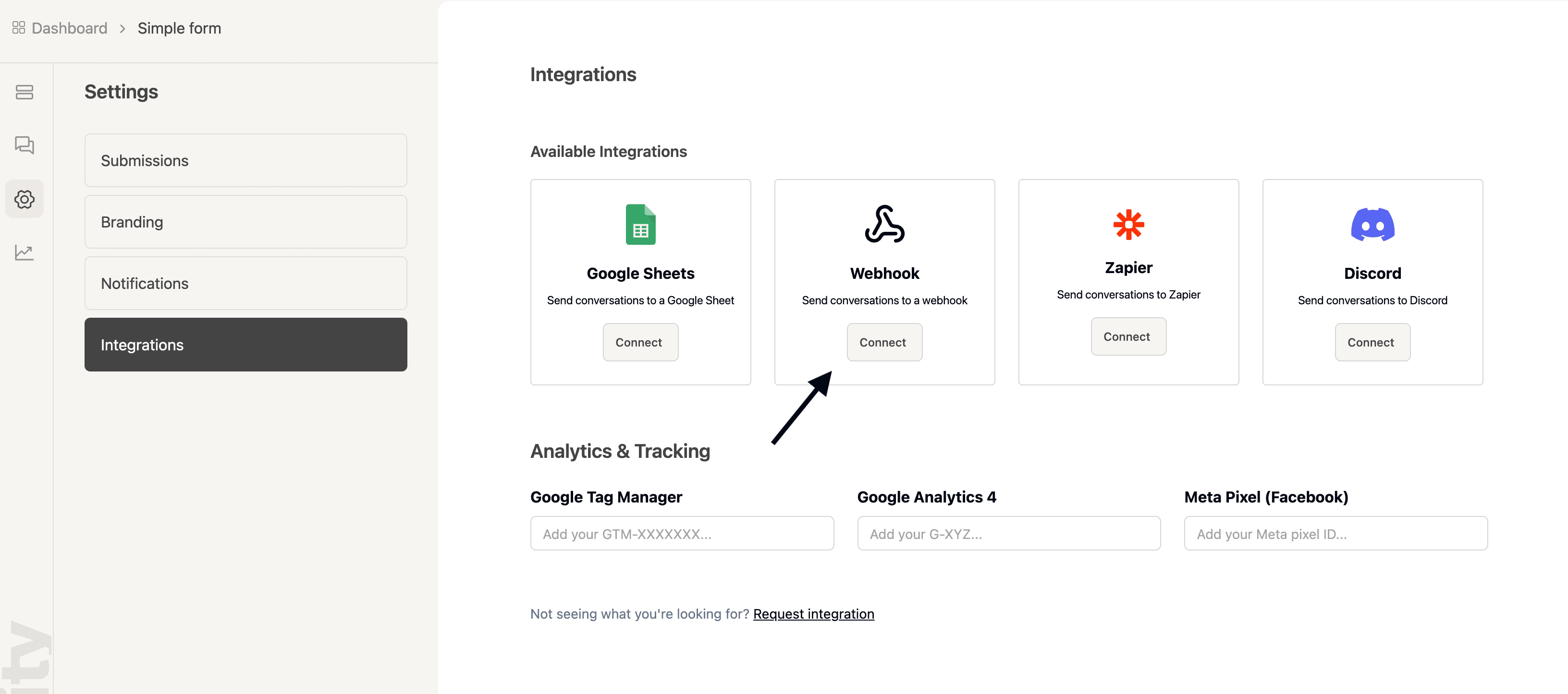 Navigate to your Deformity > Settings > Integrations > Webhook