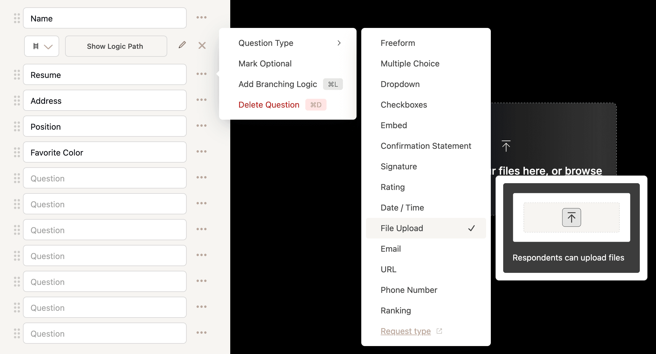 Options to select file upload question type