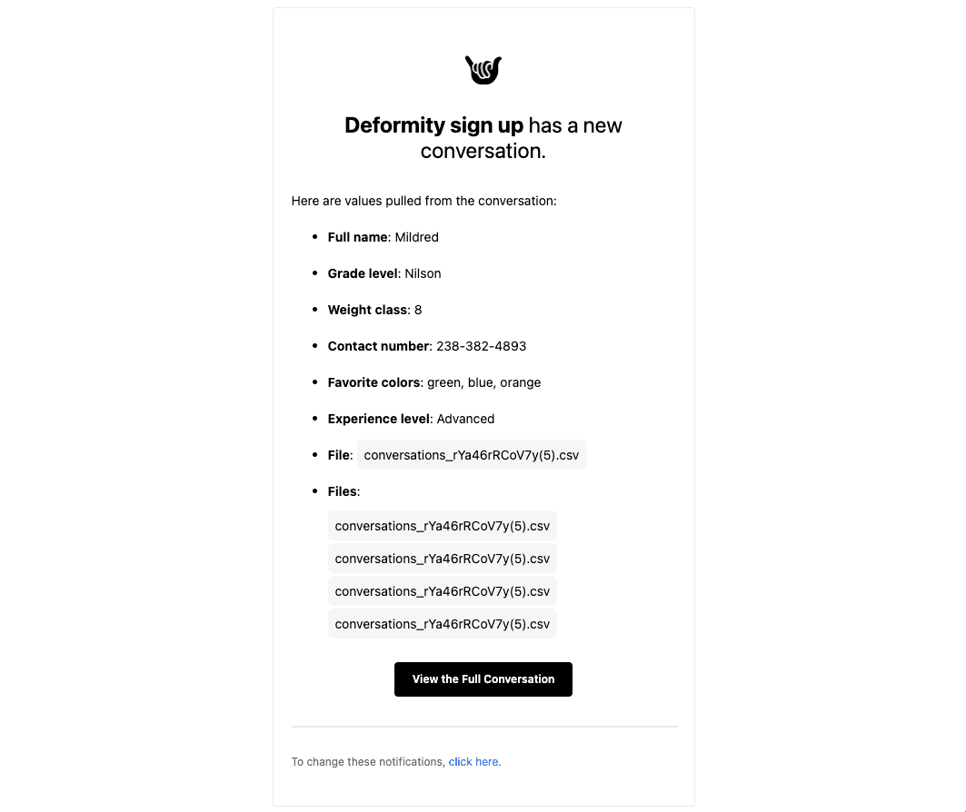 An example email notification that would be sent after receiving a response