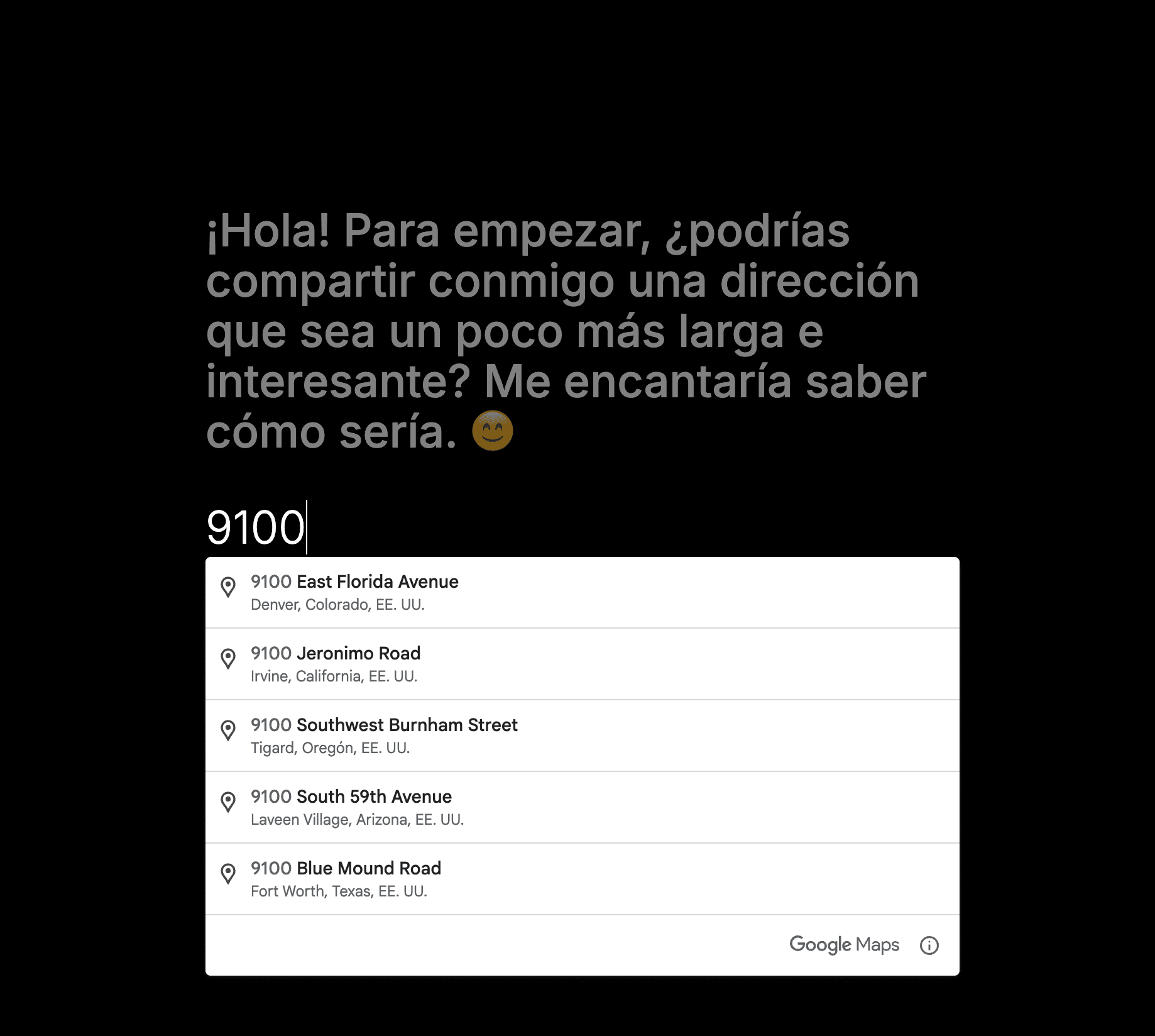 Example of the Address question type