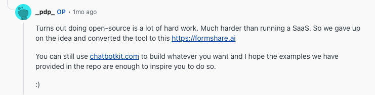 Screenshot of a post from a Formshare founder about a previous project