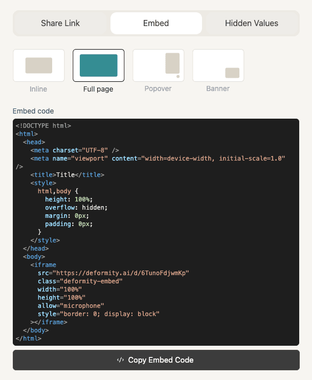 Full page embed options