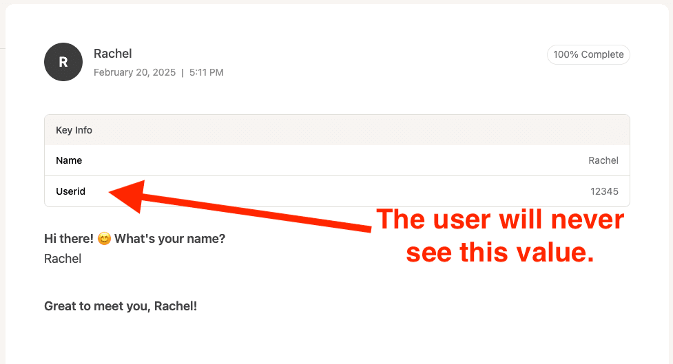 An example of a hidden value being shown inside of a Conversation