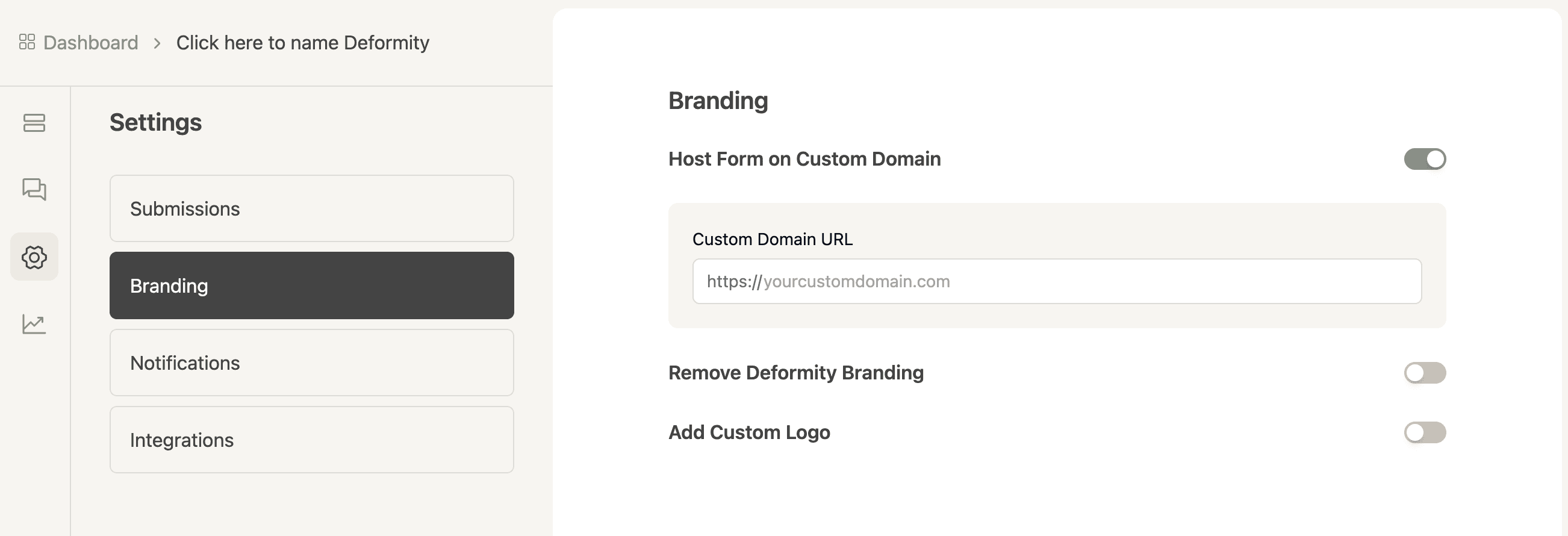 Deformity form > Settings > Branding -> Host form on Custom Domain