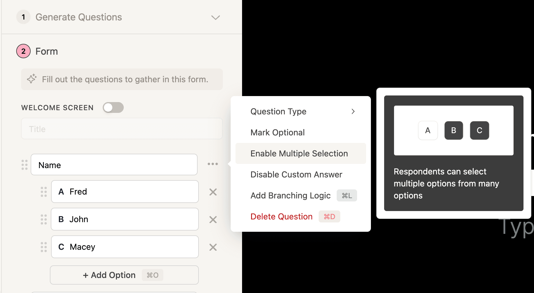 Settings flyout for multiple choice questions with the option to hide the input field highlighted