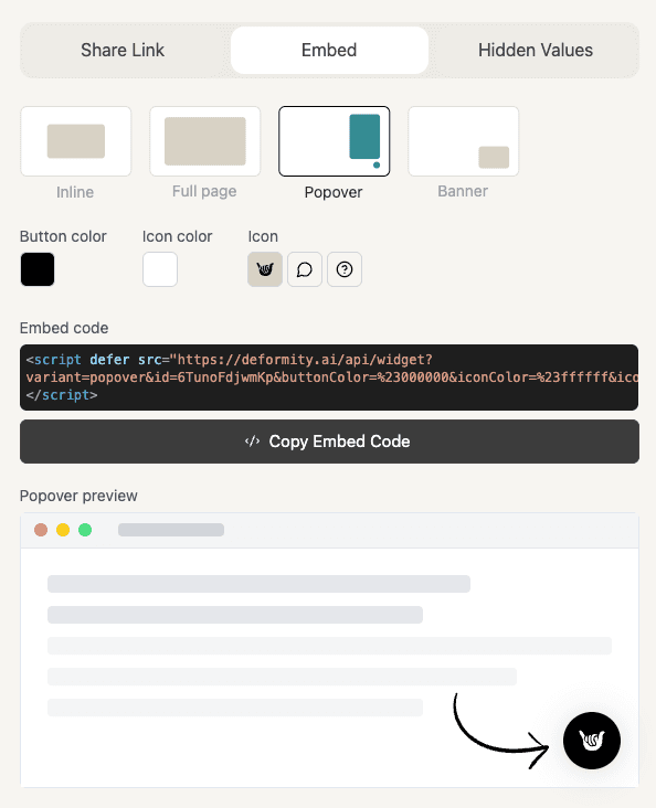 Popover embed options