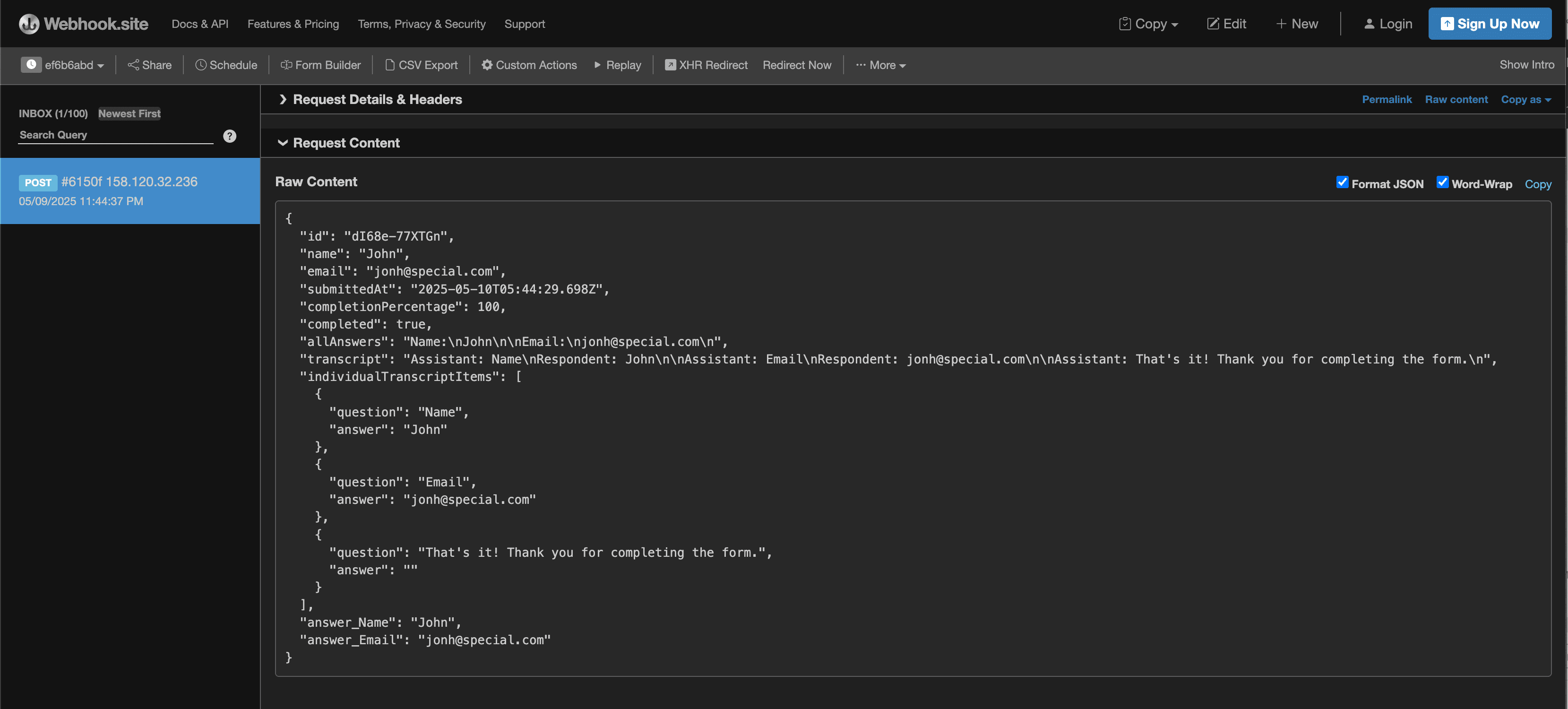 View your webhook results in webhook.site by submitting a test form response.