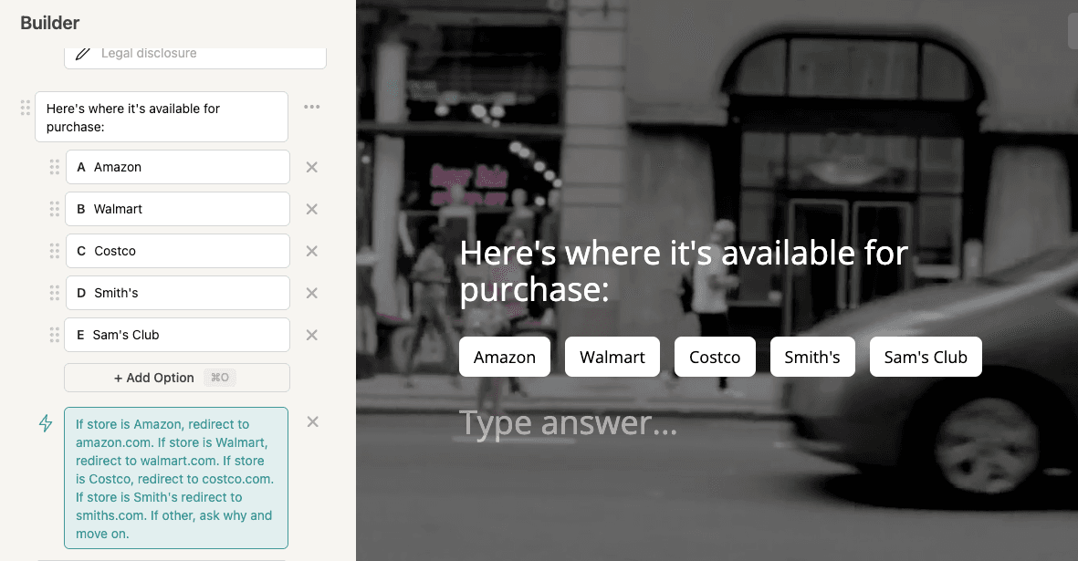 Example of using logic to redirect from a multiple choice question