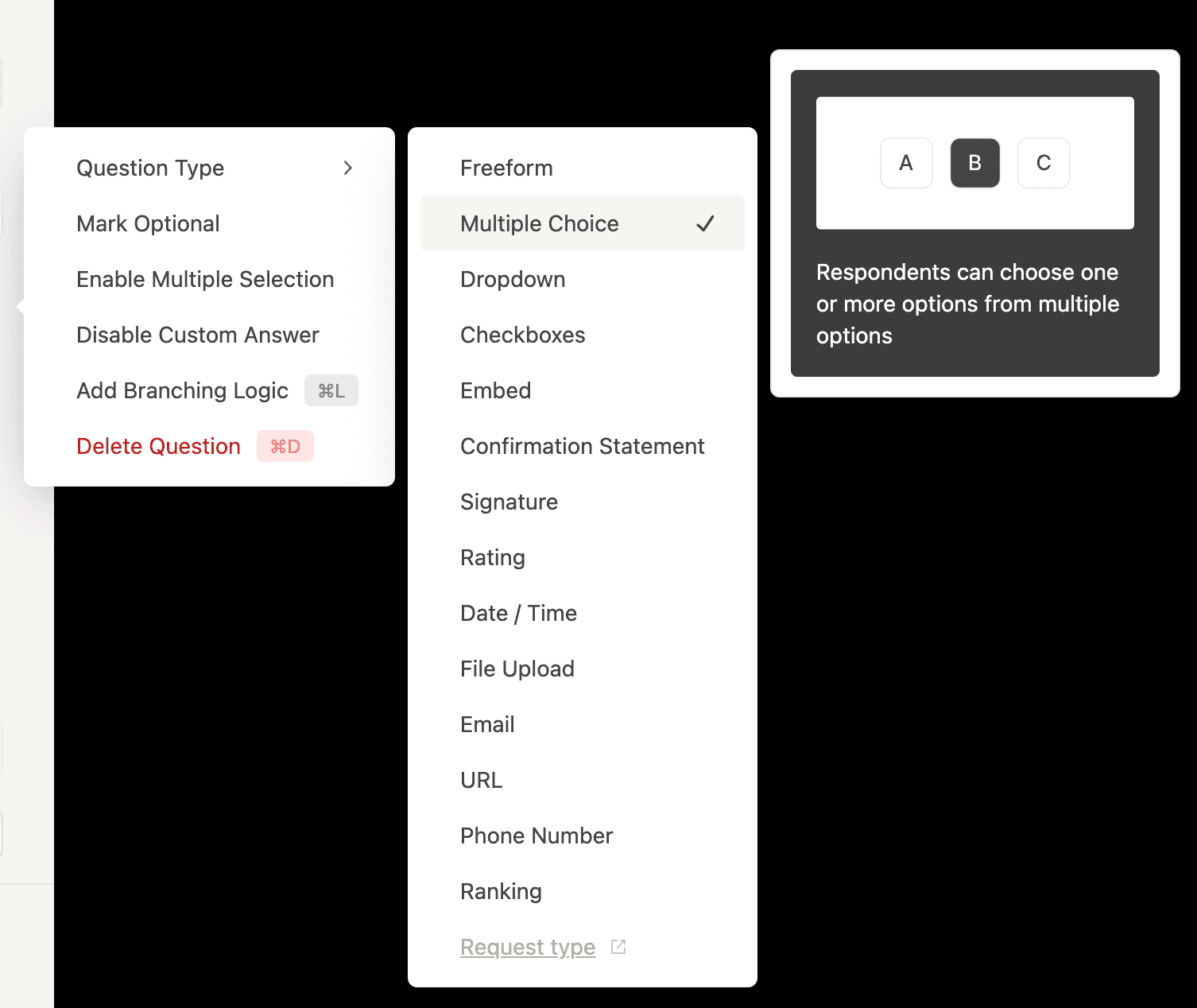 Screenshot showing how to select the multiple choice question type