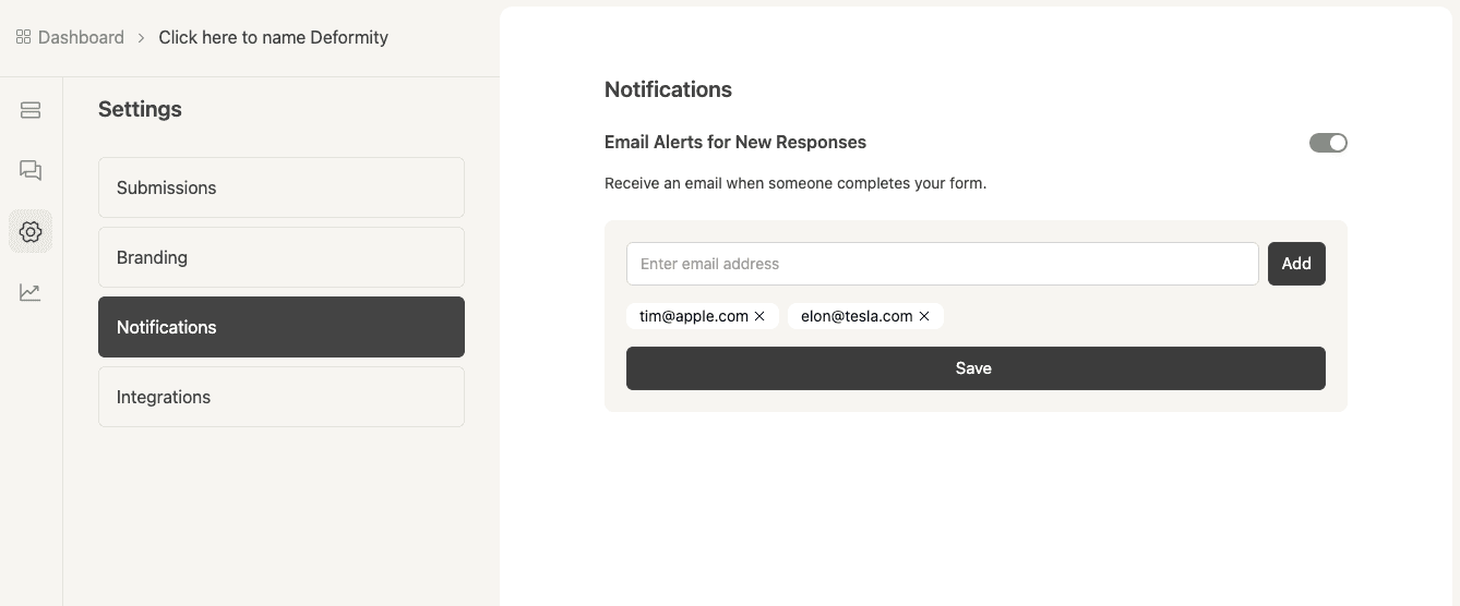 Deformity email notifications settings preview