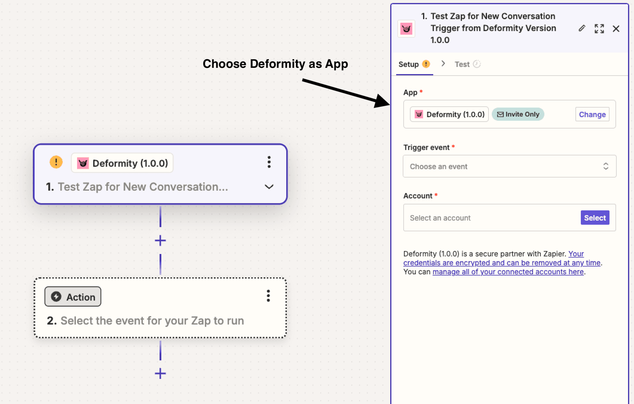 Selecting Deformity as the app in Zapier