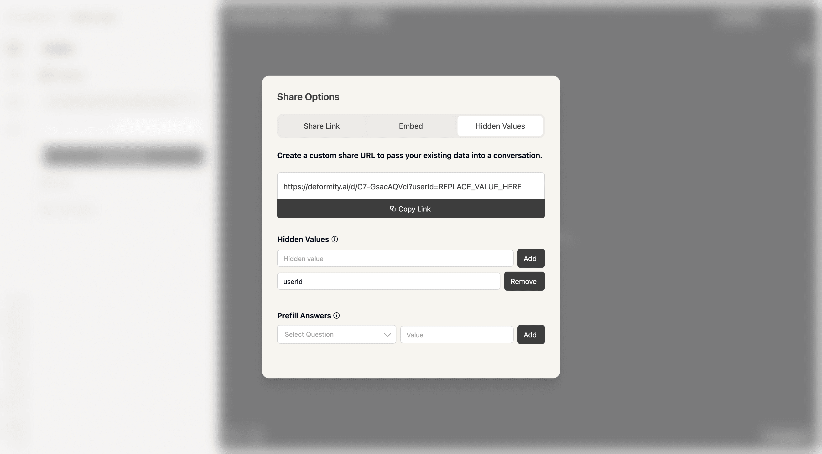 Hidden values that are filled out in the share modal