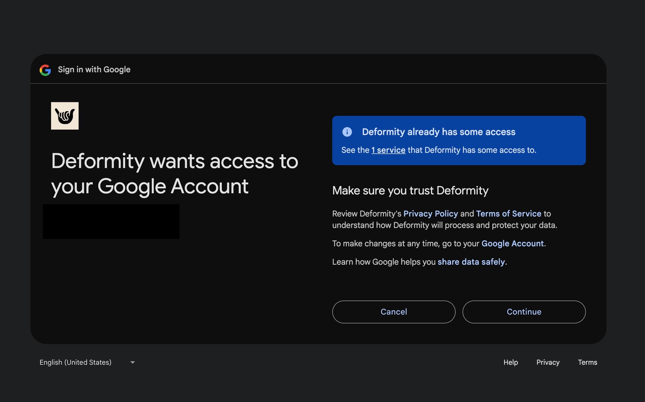 What the permissions screen looks like to connect to Google Sheets