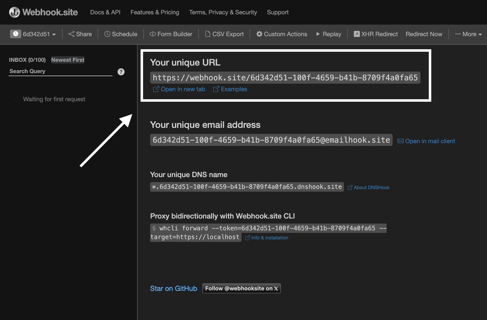 The webhook.site homepage where you can get your testing webhook URL.